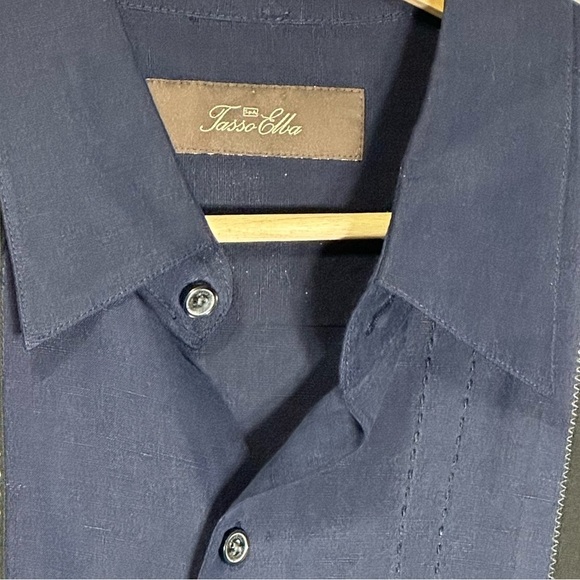 Tasso Elba navy and black Silk and Linen short sleeve shirt - Large - Picture 2 of 4